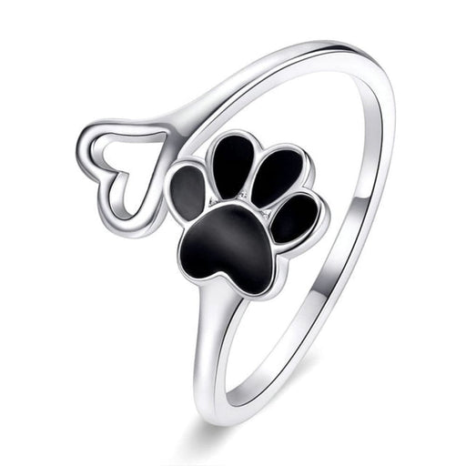 925 Sterling Silver Black Dog Paw Open Ring Zircon Cute