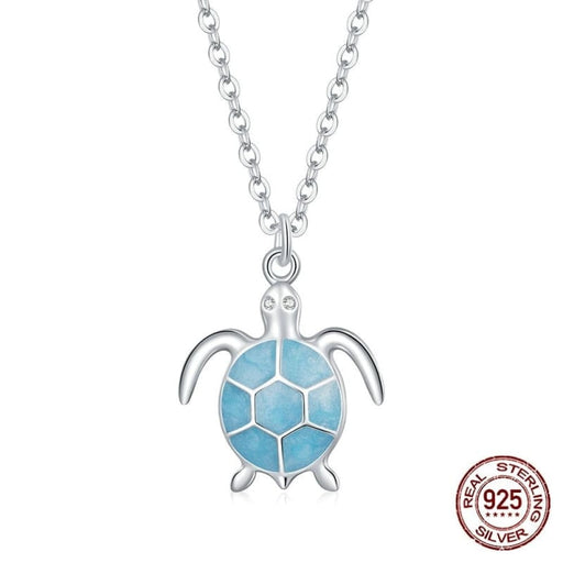 925 Sterling Silver Sky Blue Enamel Turtle Pendant Necklace