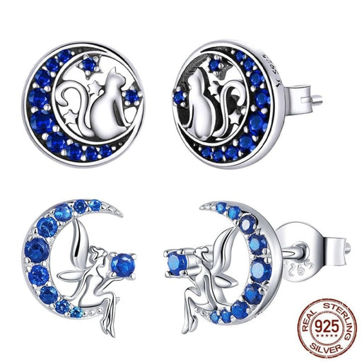 925 Sterling Silver Blue Zircon Crescent Moon Stud Earrings
