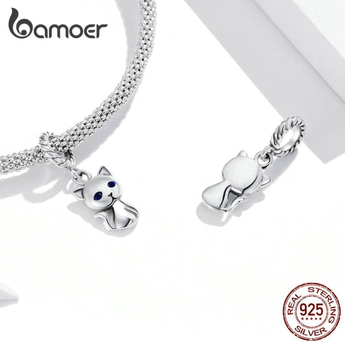 925 Sterling Silver Cute Cat Animal Charm Pendant Fit
