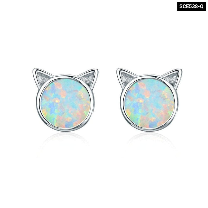 925 Sterling Silver Cute Cat Ears Big Stone Small Stud