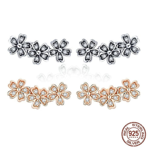 925 Sterling Silver Daisy Flower Clear Cz Stud Earrings