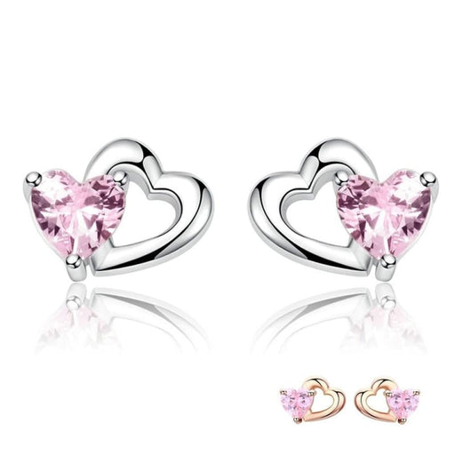 925 Sterling Silver Double Heart To Pink Cz Stud Earrings
