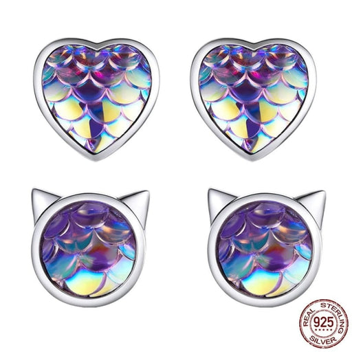 925 Sterling Silver Fish Scale Heart Stud Earrings For Women
