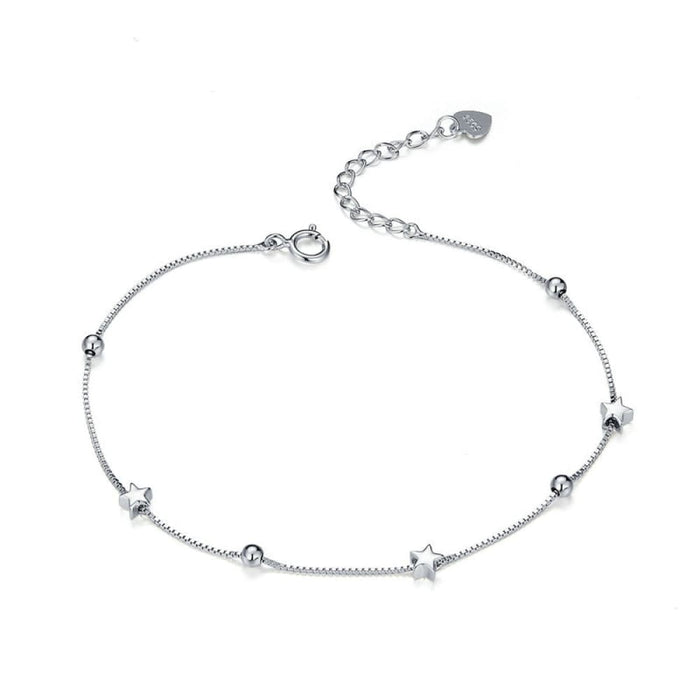 925 Sterling Silver Heart And Star Beads Chain Bracelet