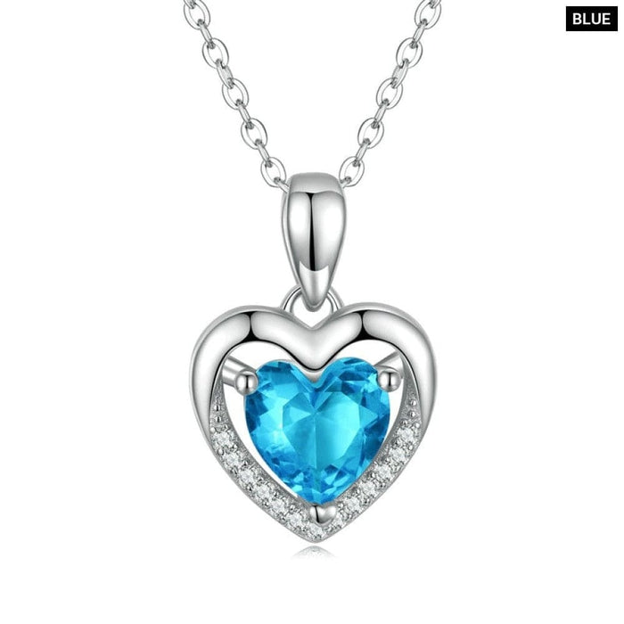 925 Sterling Silver Love Heart Pendant Necklace Blue Clear