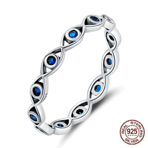 925 Sterling Silver Lucky Eye Ring Blue Crystal Crown Heart