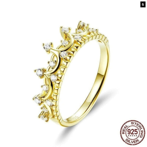 925 Sterling Silver Princess Crown Gold Colour Rings