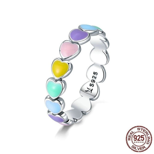 925 Sterling Silver Rainbow Heart Finger Ring For Women