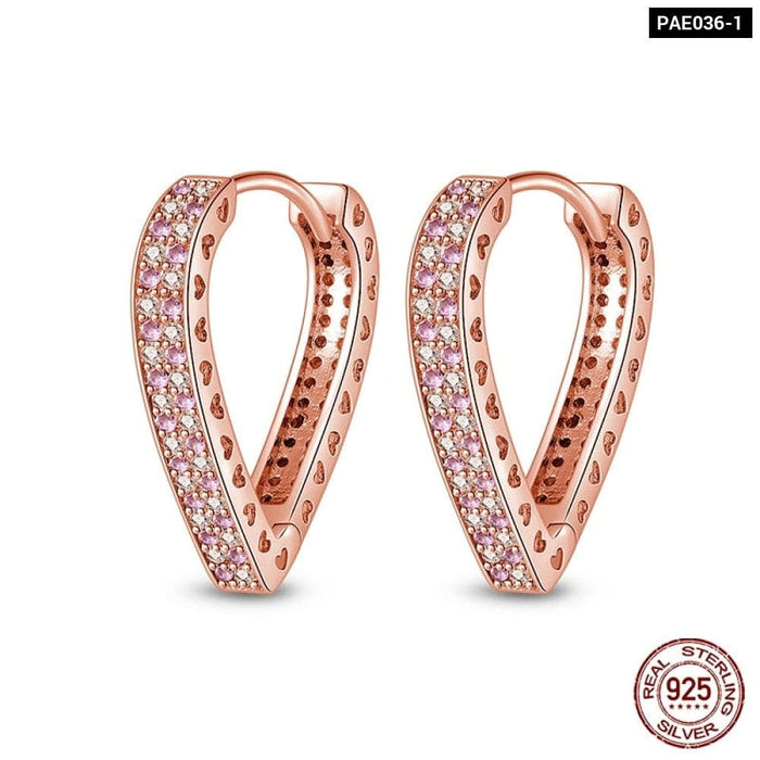 925 Sterling Silver Rose Gold Heart Geometric Pave Cz Hoop