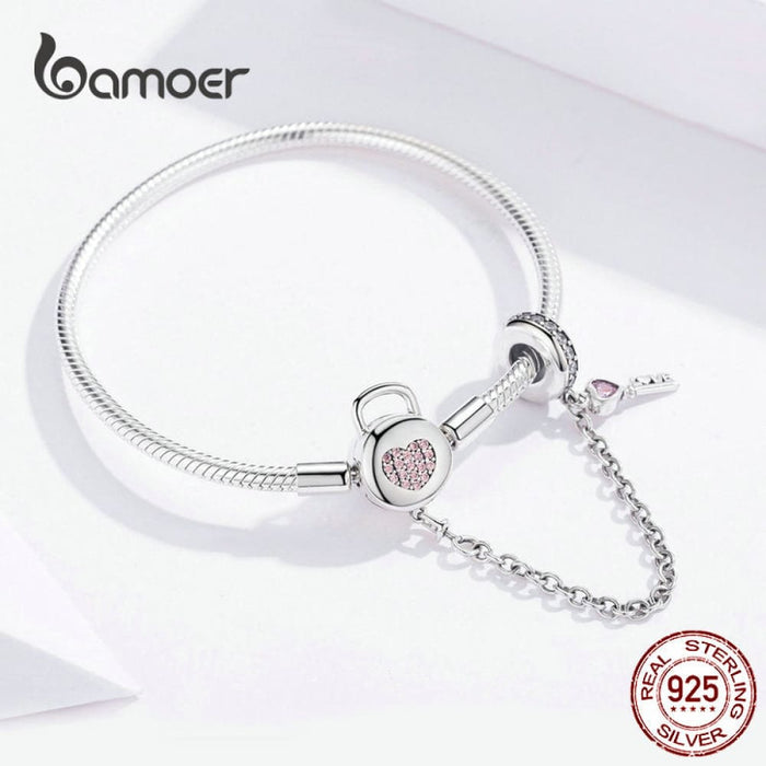925 Sterling Silver Zircon Pink Heart Lock And Key Safety