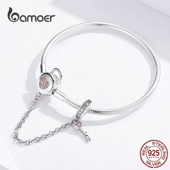 925 Sterling Silver Zircon Pink Heart Lock And Key Safety