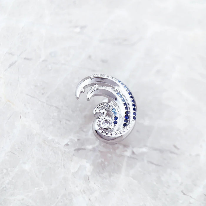 925 Sterling Silver Blue Stone Wave Ear Clip Nautical For Women