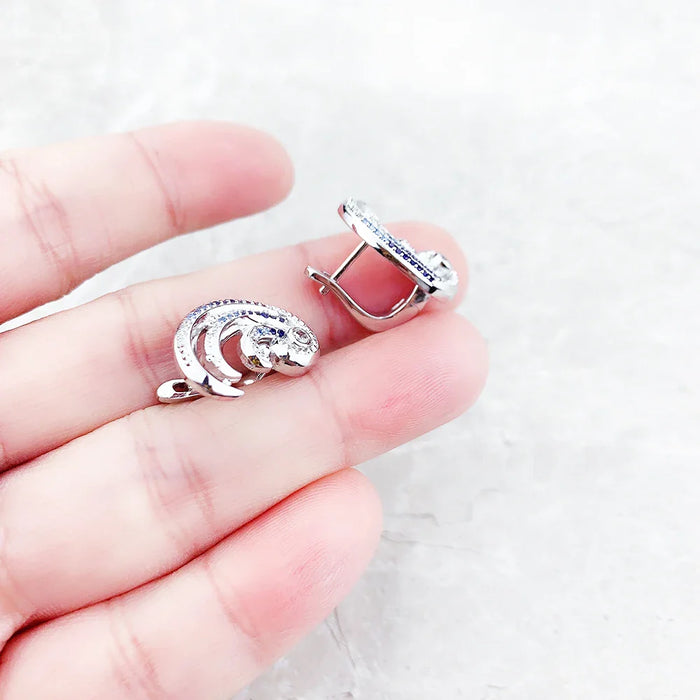 925 Sterling Silver Blue Stone Wave Ear Clip Nautical For Women