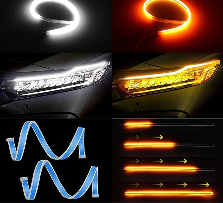 2Pcs Led Drl Car Daytime Running Light Flexible White / Yellow Flow Strip 12V