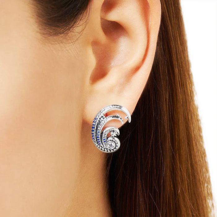 925 Sterling Silver Blue Stone Wave Ear Clip Nautical For Women