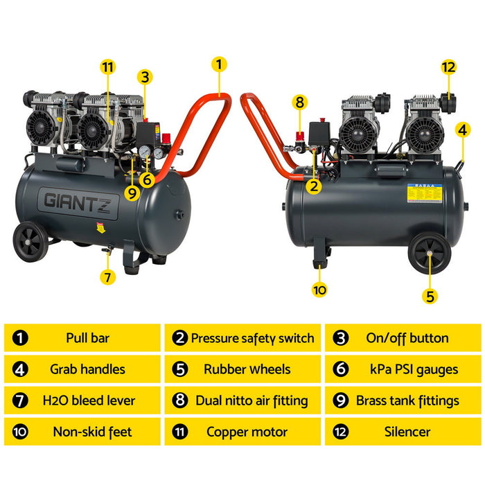 50L Air Compressor Quiet 3.0Hp Oil-Free Portable Tyre Inflator 200L/Min