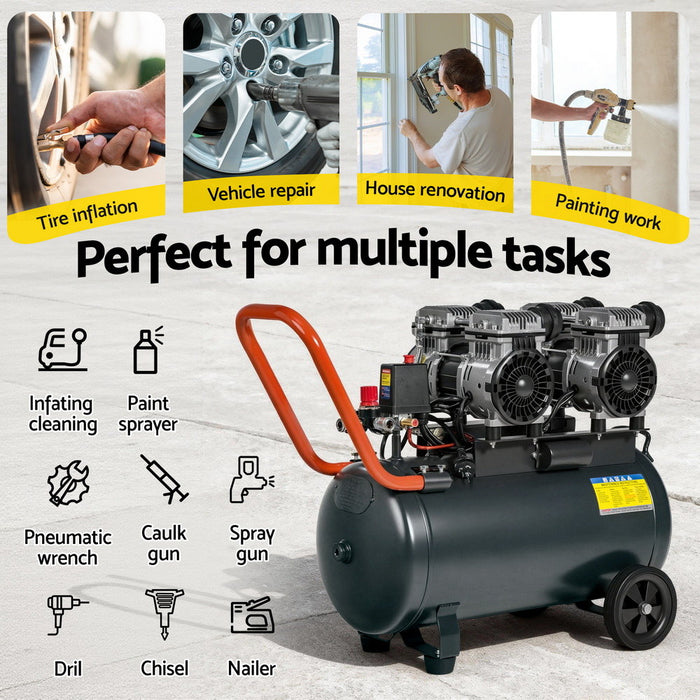 50L Air Compressor Quiet 3.0Hp Oil-Free Portable Tyre Inflator 200L/Min