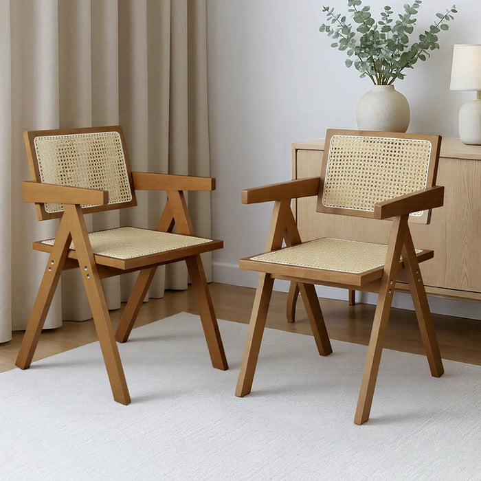 2X Walnut Wicker Armchair Dining Chair