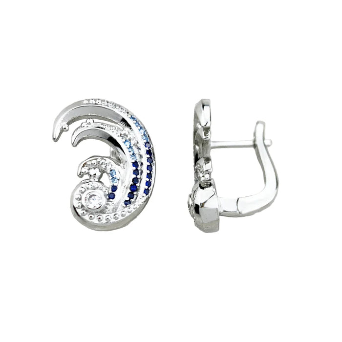 925 Sterling Silver Blue Stone Wave Ear Clip Nautical For Women