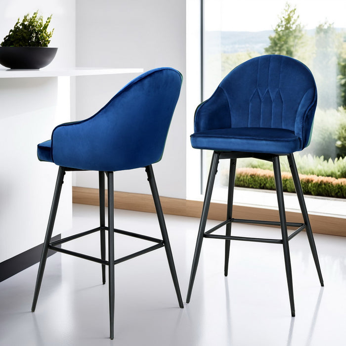 4X Bar Stools Velvet Swivel Metal Legs Blue