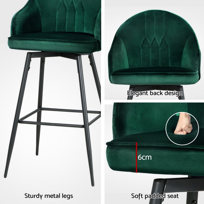 4X Bar Stools Velvet Swivel Metal Legs Green