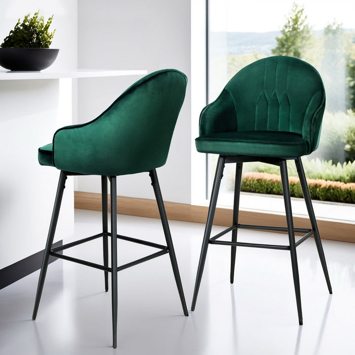 4X Bar Stools Velvet Swivel Metal Legs Green