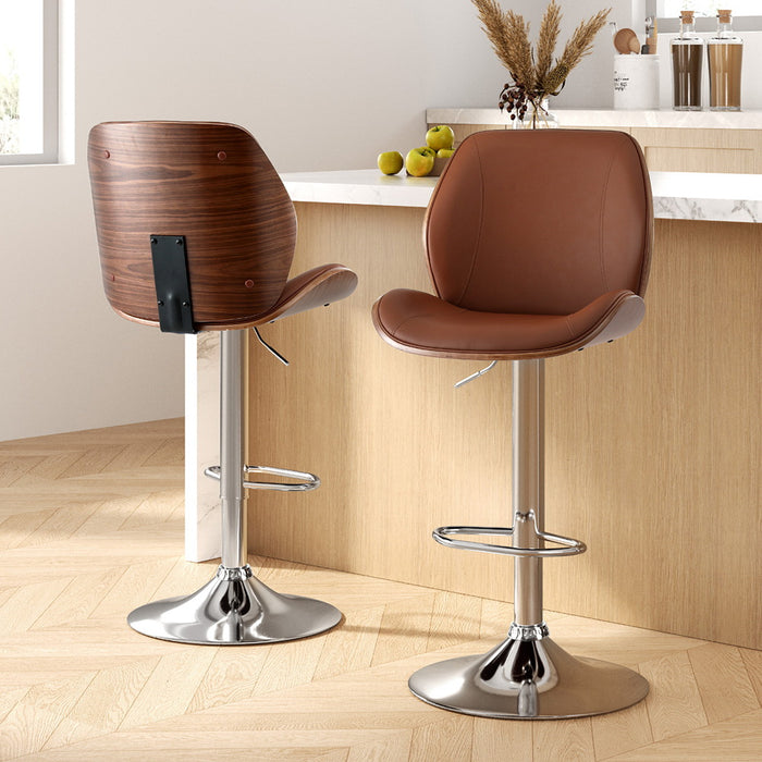 2X Bar Stools Bentwood Adjustable Kitchen Counter Chair Leather Brown