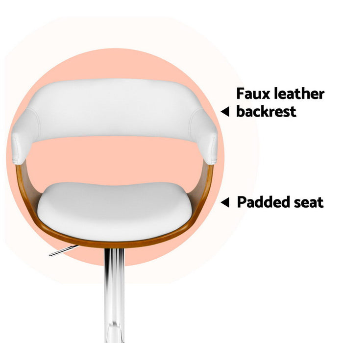 2X Bar Stools Gas Lift Leather With Armrest White