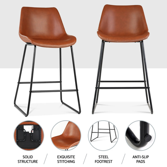 4X Bar Stools Leather Padded Metal Legs Brown