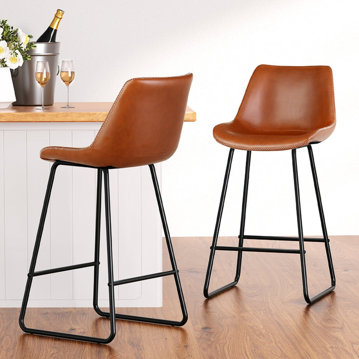4X Bar Stools Leather Padded Metal Legs Brown