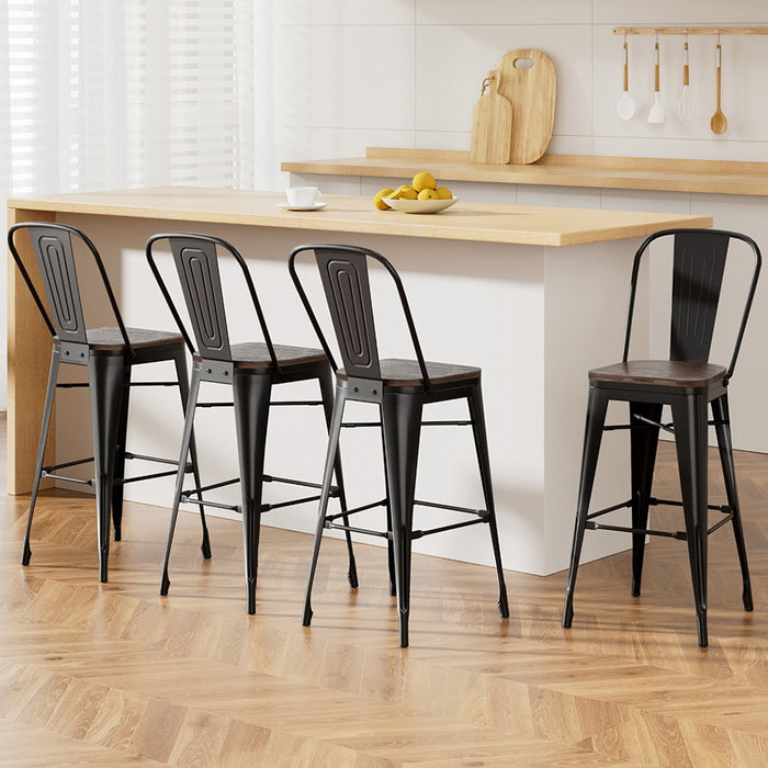 4X Metal Bar Stools Wooden Seat Retro Counter Stool