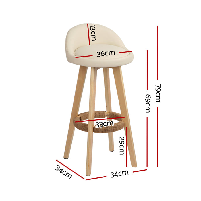4X Bar Stools Padded Leather Wooden Beige
