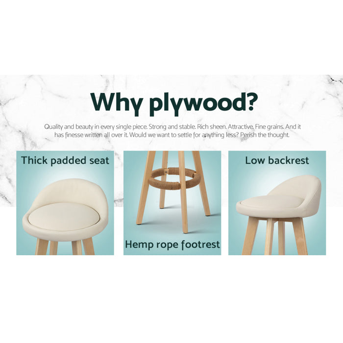 4X Bar Stools Padded Leather Wooden Beige
