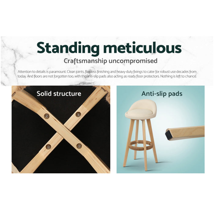 4X Bar Stools Padded Leather Wooden Beige