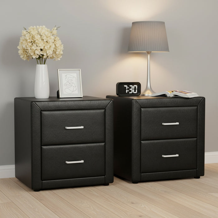 2X Bedside Table 2 Drawers Side Table Leather Caden Black