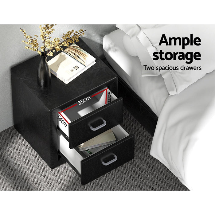 2X Bedside Table 2 Drawers Side Table Leather Caden Black