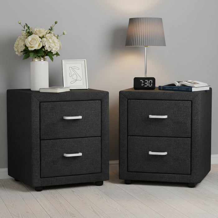 2X Bedside Table 2 Drawers Fabric Caden Charcoal