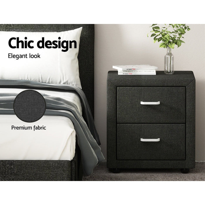 2X Bedside Table 2 Drawers Fabric Caden Charcoal