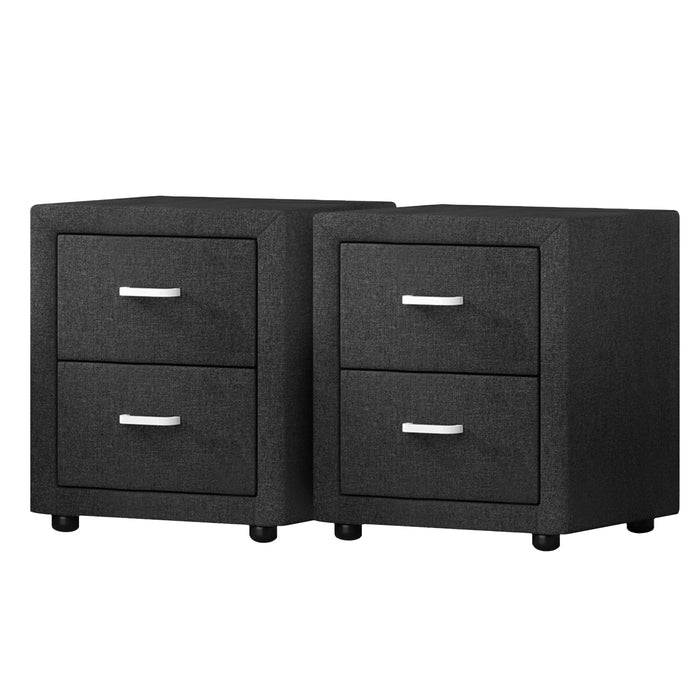 2X Bedside Table 2 Drawers Fabric Caden Charcoal
