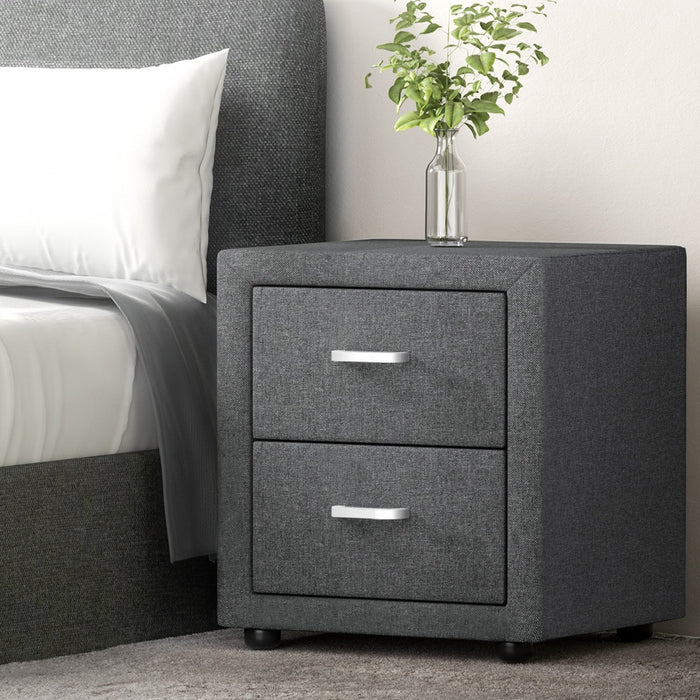 2X Bedside Table 2 Drawers Side Table Fabric Caden Grey