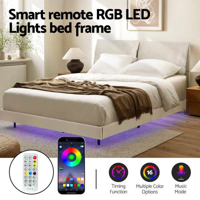 Double Bed Frame Rgb Led Floating Beds Adjustable Headboard Beige White