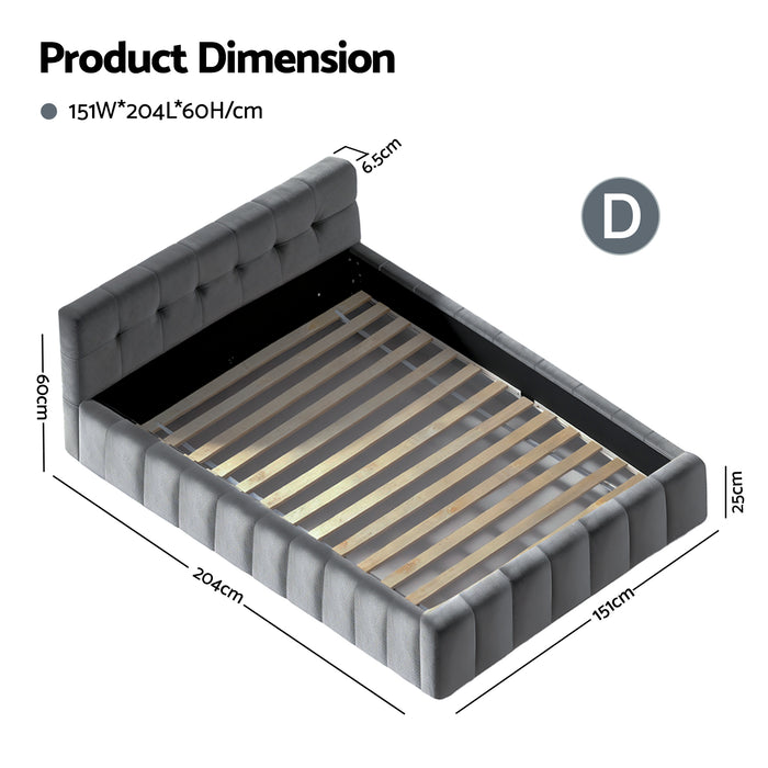 Double Size Bed Frame Plush Soft Headboard Velvet Platform Base For Modern Bedrooms Grey