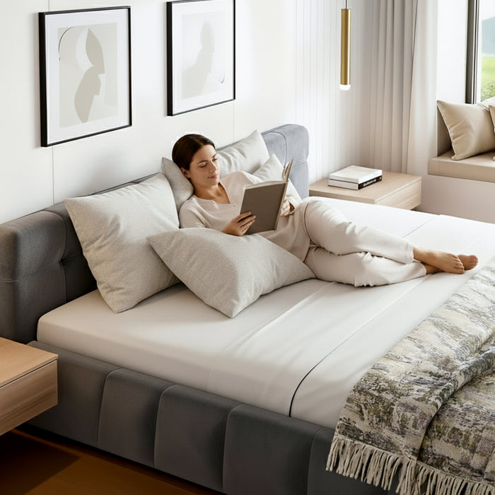 Double Size Bed Frame Plush Soft Headboard Velvet Platform Base For Modern Bedrooms Grey