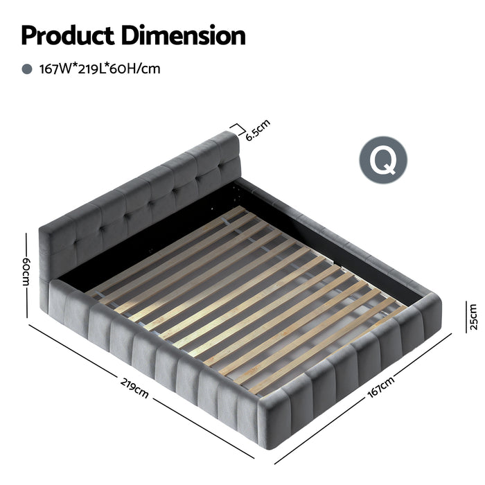 Queen Size Bed Frame Plush Soft Headboard Velvet Platform Base For Modern Bedrooms Grey