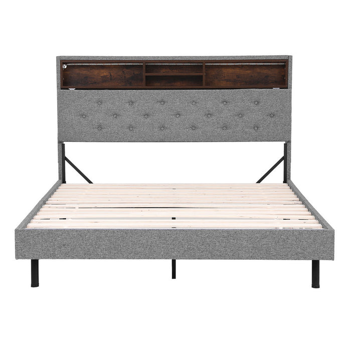 Bed Frame Double Size Led Mattress Base Platform With Storage Shelf Hidden Storage Box Grey