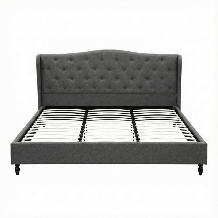 King Bed Frame With Wingback Headboard Grey Linen Upholstered Platform Bed Base