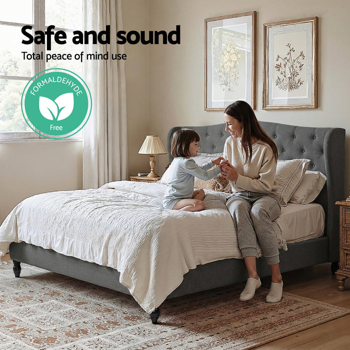 King Bed Frame With Wingback Headboard Grey Linen Upholstered Platform Bed Base
