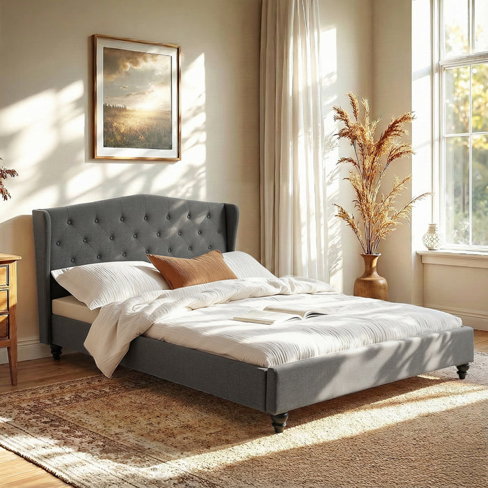 Queen Bed Frame With Wingback Headboard Grey Linen Upholstered Platform Bed Base