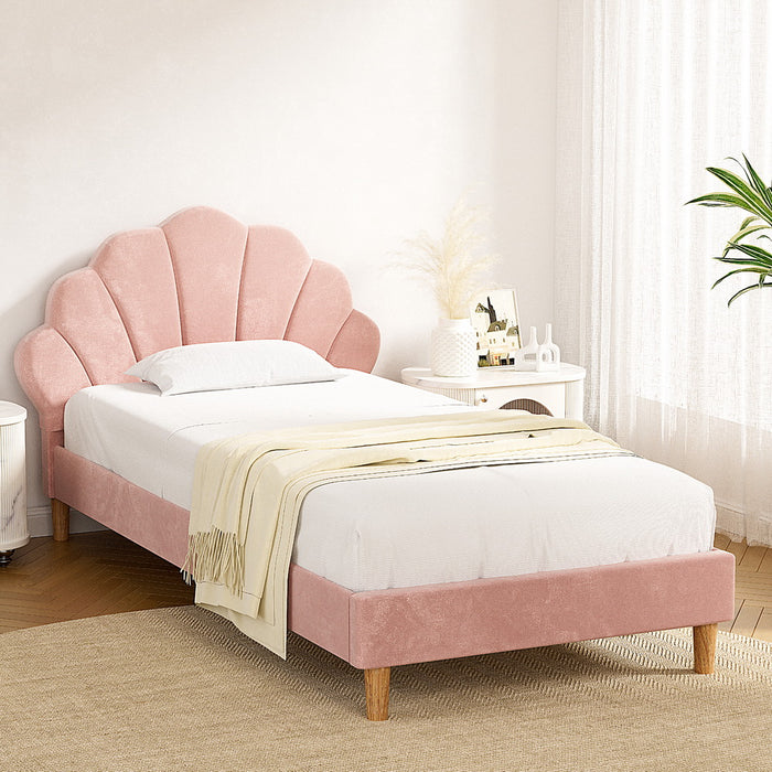 Bed Frame King Single Size Scallop-Shape Bedhead Beds Base Pink Velvet Fabric